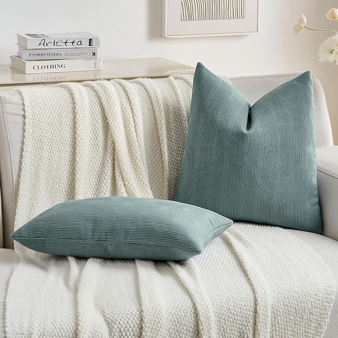 FUTEI Grey Blue Chenille Decorative Throw Pillow Covers 24x24 Inch Set of 2,Soft Cozy Striped Geometric Patterns European Cushion Case,Modern Home Decor for Couch Bed Living Room