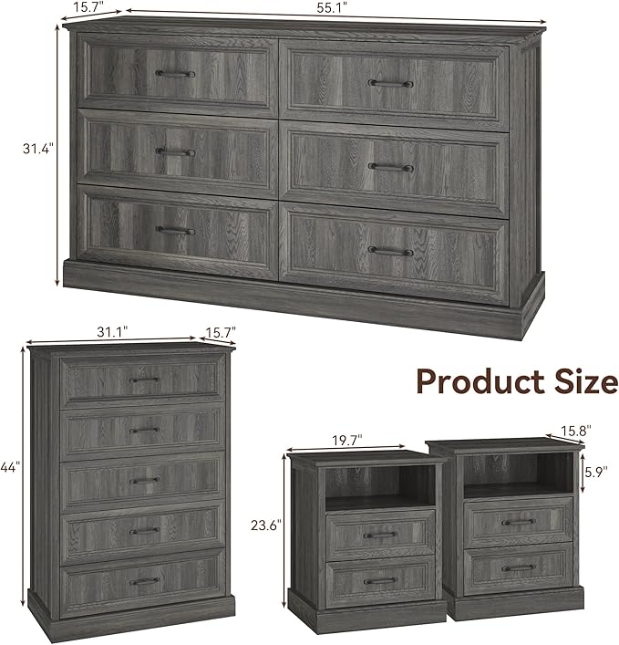 Farmhouse Dresser and Nightstand Sets, 4Pcs Bedroom Furniture Set, Nightstand Set of 2 & 55" Wide 6 Drawer and 44" Tall 5 Drawer Dresser with Large Drawers & Bar Handles, Grey