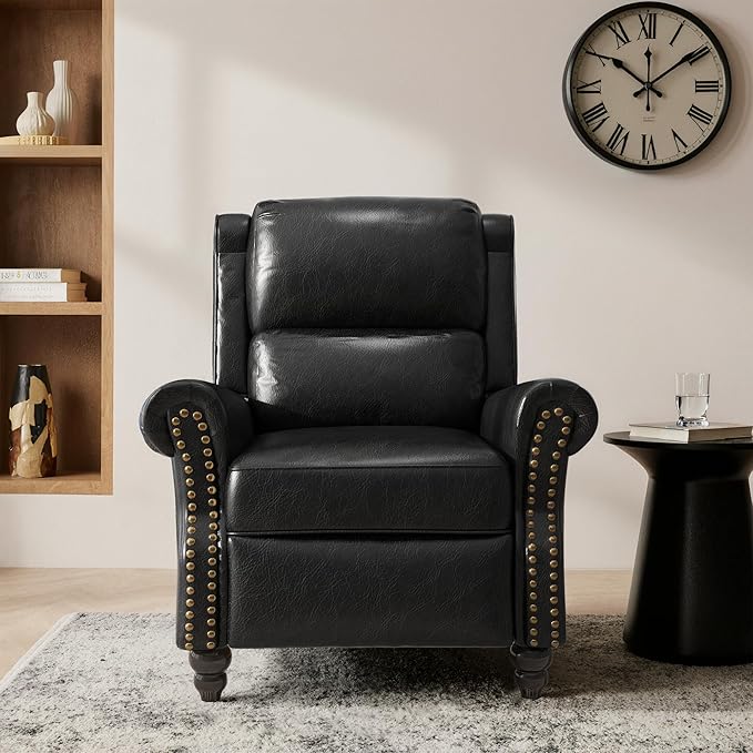 Lumibee Pushback Recliner Chair,Upholstered Wingback Chair for Small Spaces,PU Leather Armchair for Living Room,Single Sofa Accent Chair Reading Seat for Balcony,Bedroom-Black