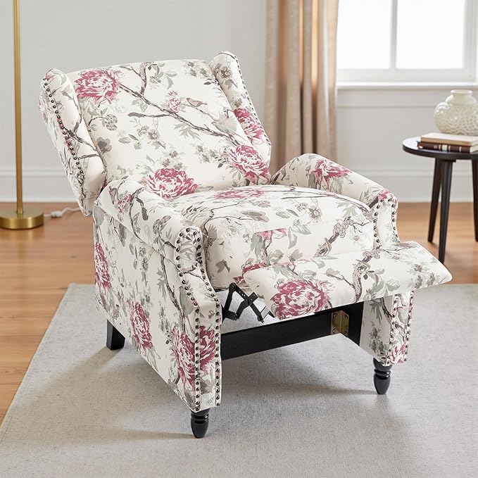 UIXE Pushback Floral Recliner Chair, Fabric Upholstered Armchair Push Back Accent Chair for Living Room, Rivet Trim Club Chair Home Theater Single Sofa Reading Seat - Beige Floral