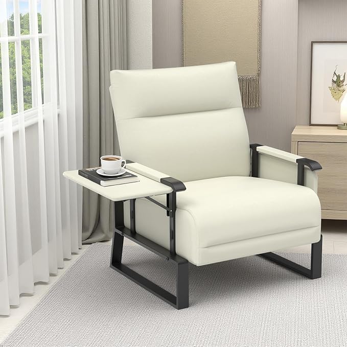 Upholstered Accent Chair, Modern Faux Leather Sofa Chair with Foldable Side Tray Table & Storage Pocket, Small Accent Sofa for Living Room, Bedroom, Reception Room, Beige