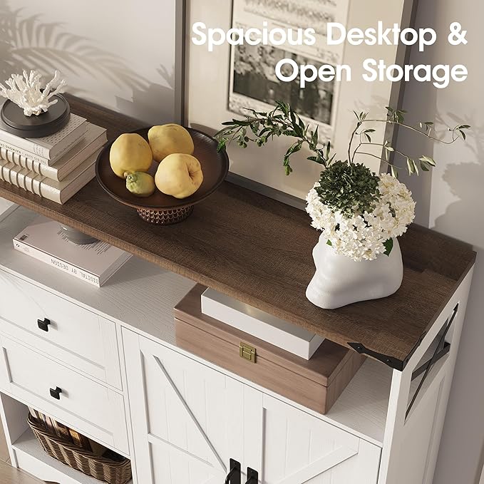 Fameill Farmhouse Storage Cabinet with Drawers and Open Storage,Freestanding Kitchen Pantry with 2 Barn Doors, Floor Cabinet with Adjustable Shelf for Living Room,White