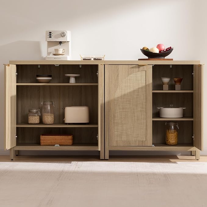 SICOTAS 68" W Rattan Sideboard Buffet Cabinet with Storage Set of 2, Mid Century Modern Credenza with Arch Doors & Shelves Boho Coffee Bar Media Console Cabinets for Kitchen, Living Room, Entryway