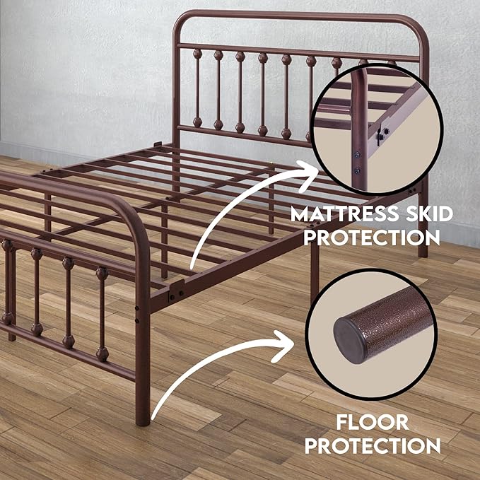 Golden Gate Beds Vintage Style Metal Bed Frame with Wrought Iron Headboard and Footboard, Classic Platform Bedframe with Storage, No Box Spring Needed, Mattress Foundation, Brown, Queen Size