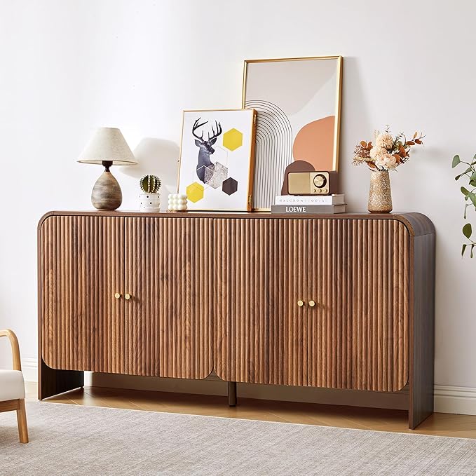 Fluted Sideboard Buffet Cabinet with Storage, 59'' Curved Buffet Cabinet with 4 Doors & Shleves, Modern Credenza Wood Coffee Bar Table Console for Dining Room Kitchen Living Room Entryway, Walnut