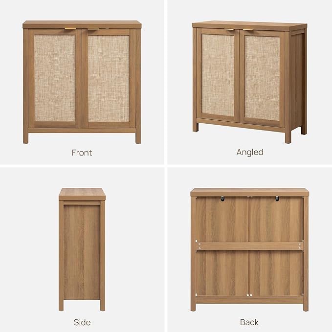SICOTAS Sideboard Buffet Cabinet with Large Storage : Boho Rattan Credenza Coffee Bar Storage Cabinet with Adjustable Shelves, Farmhouse Console Cabinets for Kitchen, Living Room, Entryway, Oak, 2 PCS