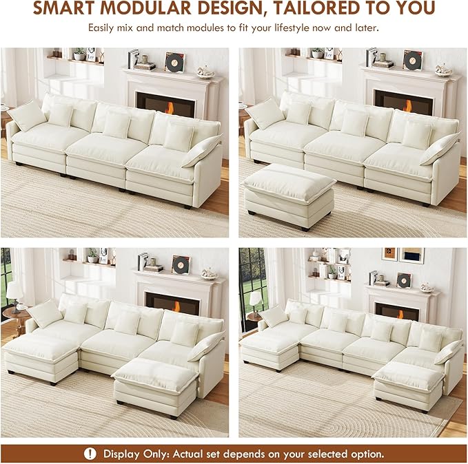 WorthFurni 111.4” Modular Sectional Sofa, U Shape Cloud Couch with 2 Movable Ottoman, Comfy Chenille Deep Seat Sofa with Soft Pillows for Apartment Living Room Bedroom（Beige）