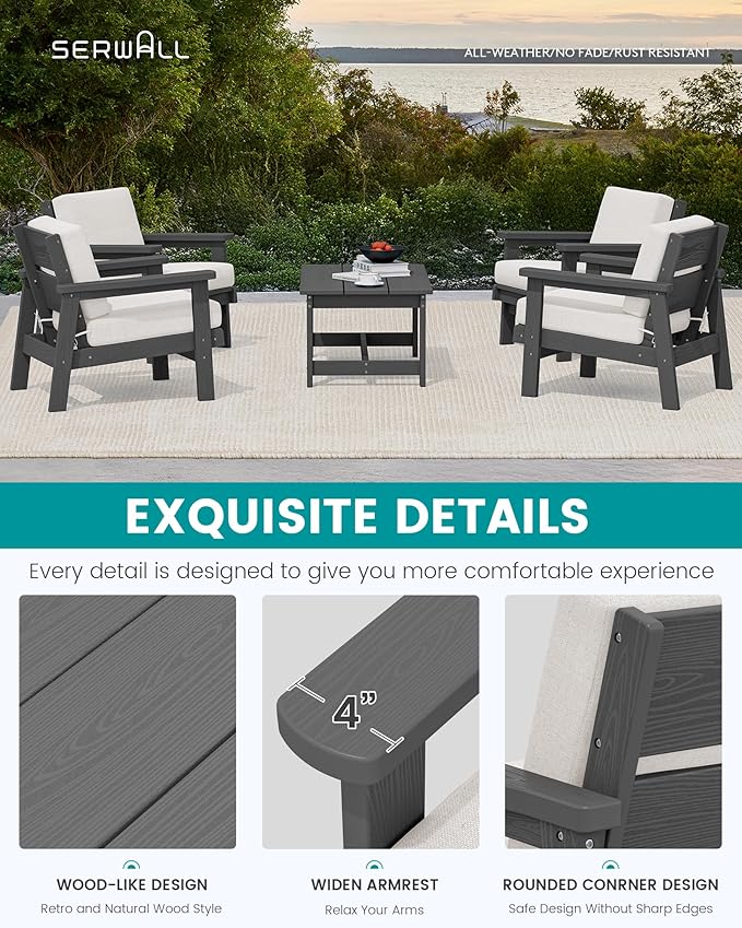 SERWALL Outdoor Patio Furniture Set, 5 Piece HDPE Patio Conversation Sets, All-Weather Wood-Like Outdoor Couch Loveseat and Coffee Table with Thick Cushions for Porch Balcony Garden Backyard