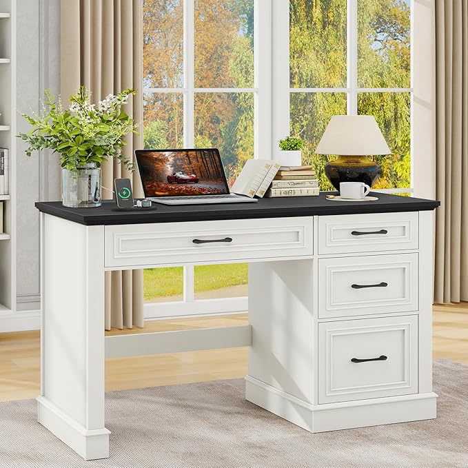Vabches Farmhouse 47" Executive Desk, Computer Desk with Drawers and File Drawer, Workstation Computer Desk with Charging Station for Home Office, Study,Black.