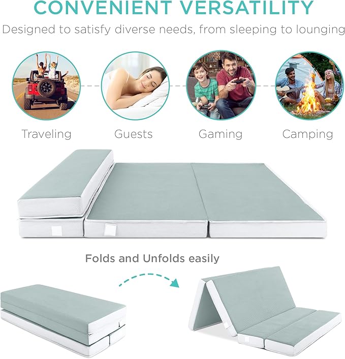 Best Choice Products 4in Portable Full-Size Mattress, Tri-Fold Mattress for Camping, Guest, Toddler, Foam Plush w/Carry Case - Seafoam
