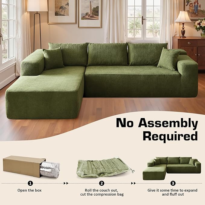 106" Cloud Sectional Couch with Chaise Lounge,L Shaped Modular Modern Sofa,Comfy Velvet Fluffy Couches with Deep Seat,No Assembly Required Couch for Living Room (Left,Cloudy Velvet,Green)