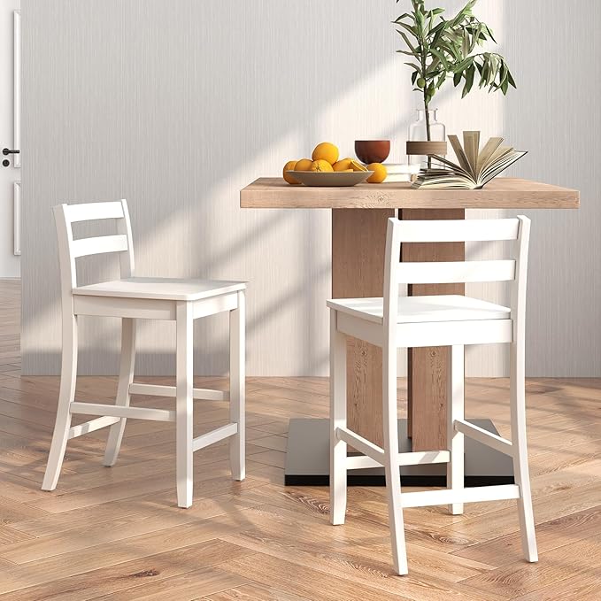 COSTWAY Wooden Bar Stools Set of 2, 24-Inch Counter Height Stools with Ergonomic Backrest & Footrest, Farmhouse High Dining Chairs for Kitchen Island, Pub, Cafe (2, White)