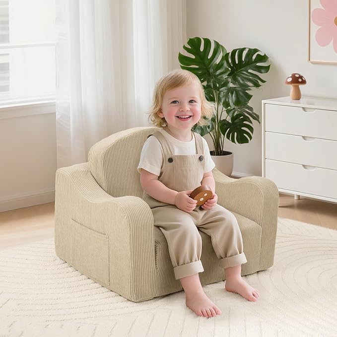 Comfy Toddler Chair for Kids, 2-in-1 Toddler Soft Plush Couch Fold Out, Convertible Kids Couch to Lounger, Baby Sofa for Boys and Girls, Beige