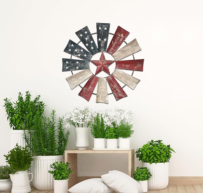 Alpine Corporation 21" Tall Indoor/Outdoor Patriotic Windmill Wall Art Decor