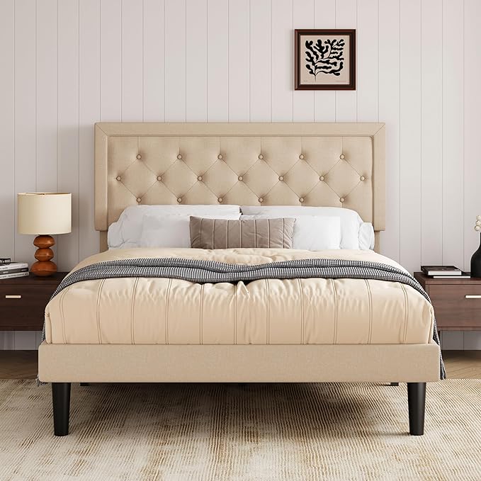 Allewie Queen Size Button Tufted/Fabric Upholstered Bed Frame with Adjustable Headboard/Wood Slat Support/Mattress Foundation/Beige