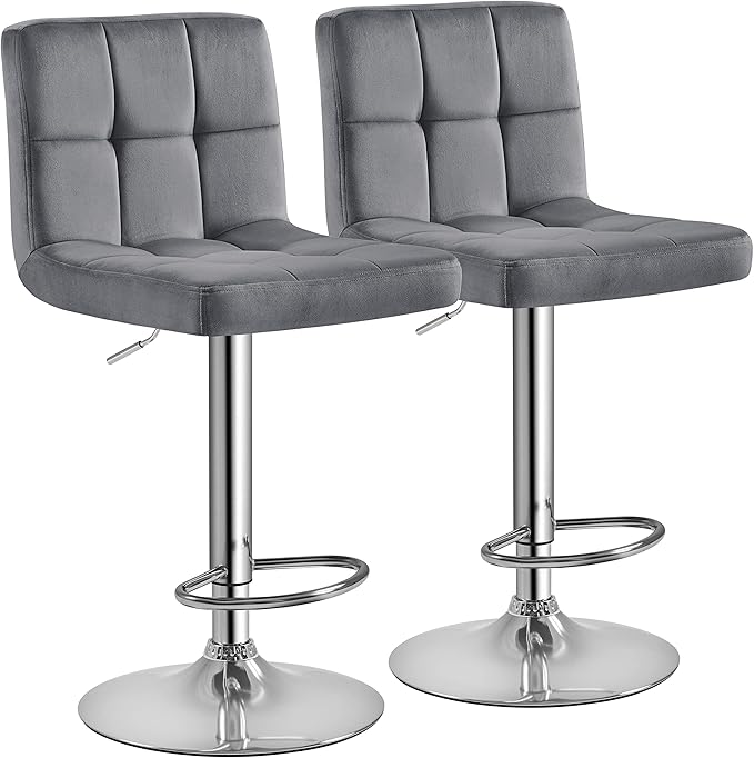Yaheetech Bar Stools Set of 2, Adjustable Velvet Fabric Swivel Barstools, Modern Counter Stools with Back and Footrest, Counter Height Barstools for Bar, Kitchen, Dining Room, Dark Gray