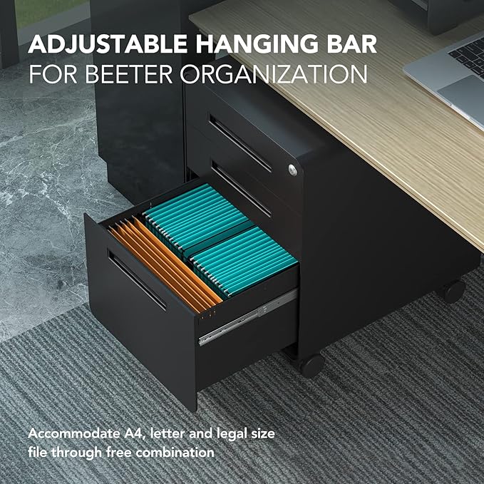 FLEXISPOT Metal File Cabinet for Home Office Mobile File Cabinet with Lock 3 Drawer Filing Cabinets for Legal/Letter/A4 File, Round Corner Design,Black