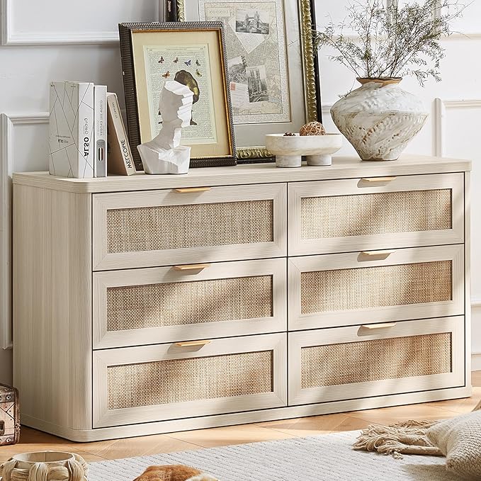 LEYAOYAO Rattan 6 Drawer Dresser for Bedroom Set of 2, Boho 54" Wide White Dresser Chest of Drawers, Dressers TV Stand with Metal Handle, Storage Dressers Closet Organizer for Living Room, Hallway