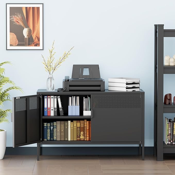 Black Wide Metal Locker Storage Cabinet, 2 Door Accent Cabinet for Home and Office, 2 Tier Low Metal Cabinet With Doors and Shelf, Multipurpose TV Stand