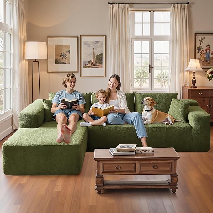 106" Cloud Sectional Couch with Chaise Lounge,L Shaped Modular Modern Sofa,Comfy Velvet Fluffy Couches with Deep Seat,No Assembly Required Couch for Living Room (Left,Cloudy Velvet,Green)