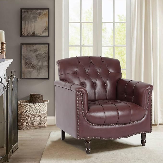 Faux Leather Accent Chair, PU Leather Modern Comfy Upholstered Armchair with Wood Legs & Nailhead Trim for Living Room, Bedroom