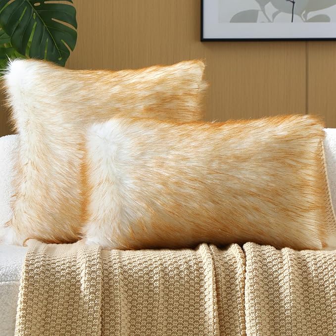 FUTEI Brown White Decorative Throw Pillow Covers 16x16 Inch Set of 2,Soft Fluffy Faux Fox Fur Textured Cushion Case,Modern Home Decor for Couch Living Room