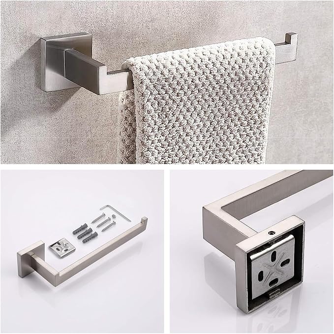 Bathroom Hardware Set Bathroom Accessories Set SUS304 Towel Bar Set Includes Towel Bar Inch+Towel Holder+Toilet Paper Holder+Towel Hook (4, Brush Nickel)