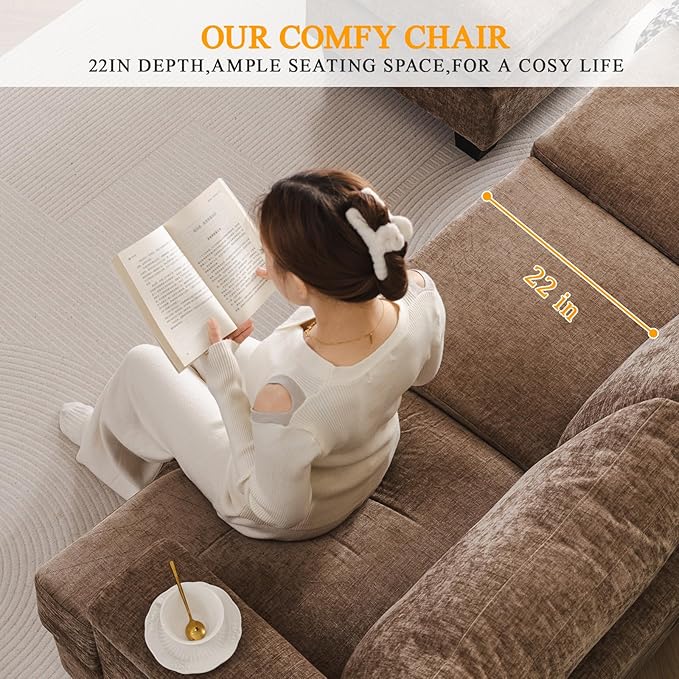 85'' L Shaped Couch with Armrest Organizer,3 Seats Sofas with Movable Ottoman,Comfy Sectional Sofa with Thick Cushion,Chenille Sectional Couches for Living Room,Bedroom,Apartment,Home Furniture,Brown