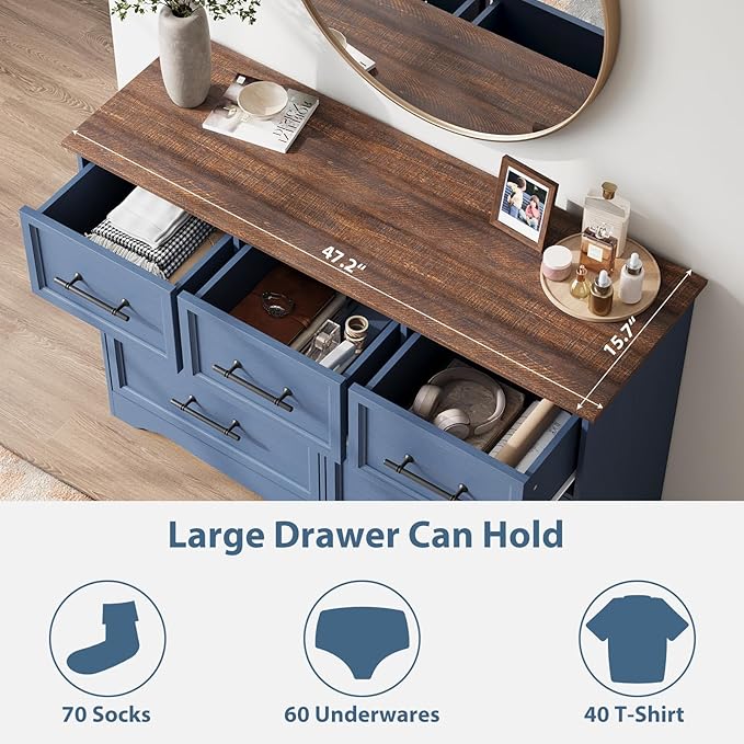 Blue Farmhouse Dresser for Bedroom, Modern 7 Chest of Drawers, 47" Wide Chest of Drawers w/Brushed Metal Handle, Wood Dresser TV Stand and Storage Cabinet for Bedroom, Living Room, Hallway