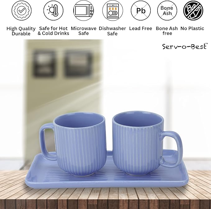 Ceramic Coffee Mugs with Handle Set – 2-Piece 11 Oz Ceramic Coffee Cups & 9" Tray, Handmade Cornflower Blue Color, Microwave Safe Gift Set for Tea Lovers, Home Kitchen Décor
