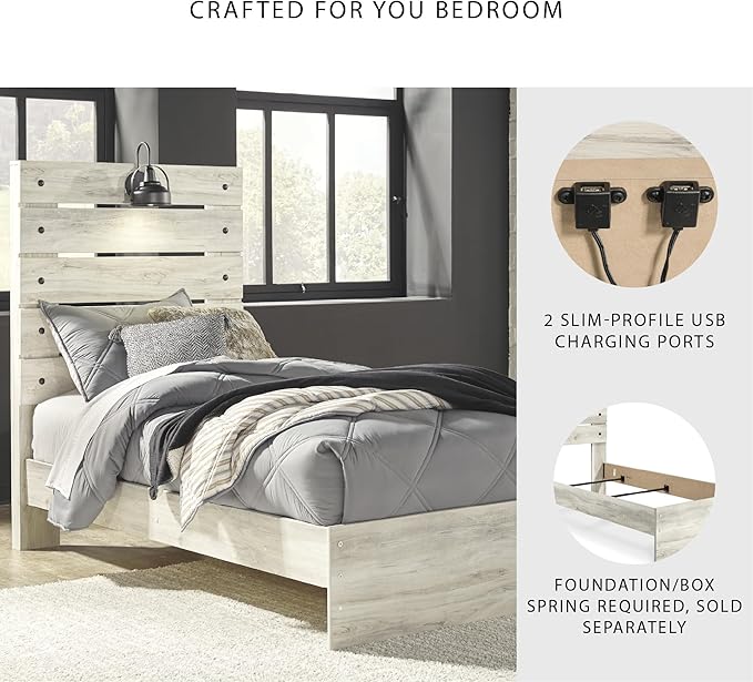 Signature Design by Ashley Cambeck Farmhouse Twin Panel Bed with Sconce Light and USB Ports, Foundation or Box Spring Needed, Whitewash