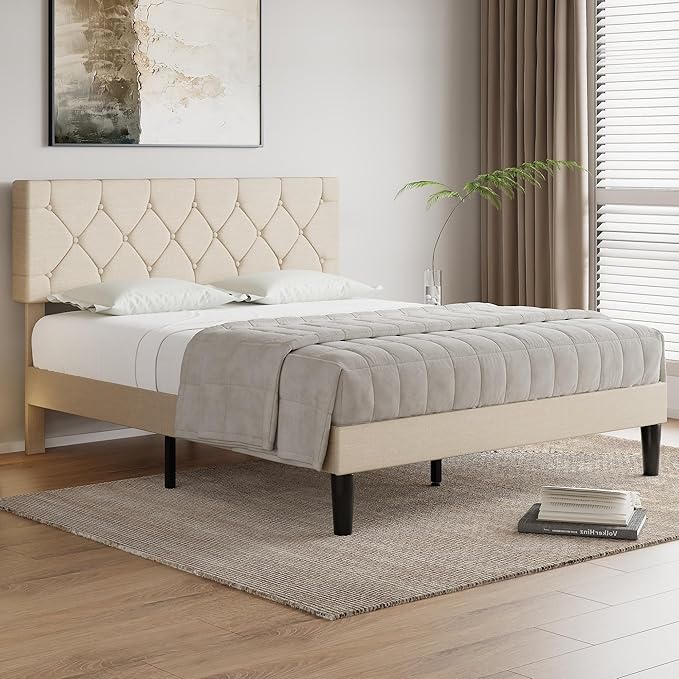 VECELO Full Size Bed Frame with Button Tufted Headboard, Upholstered Platform with Wooden Slat Support, No Box Spring Needed, Cream Beige