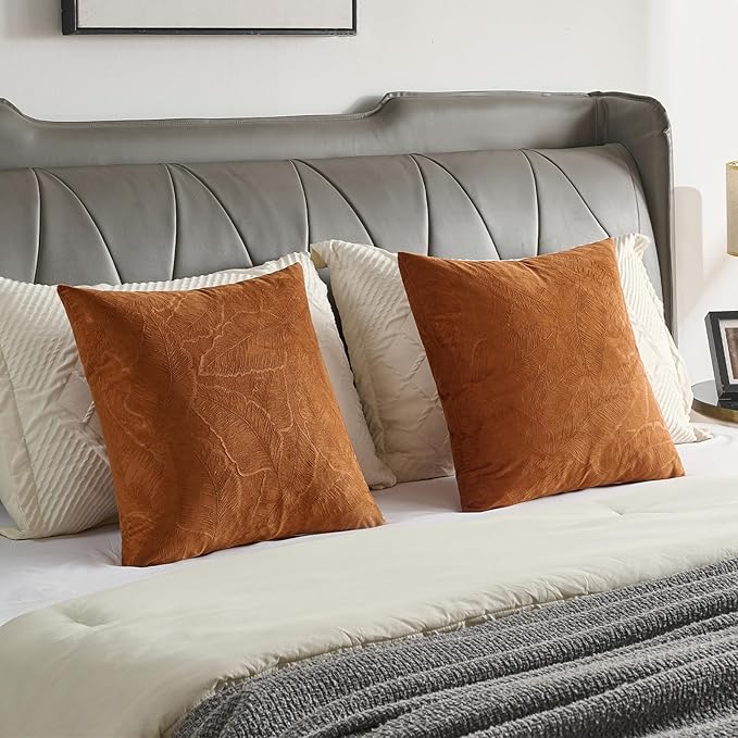 FUTEI Rust Velvet Throw Pillow Covers 20x20 Inch Set of 2,Soft Embossed Leaf-Relief Textured Cushion Cases,Natural Home Decor for Couch Living Room