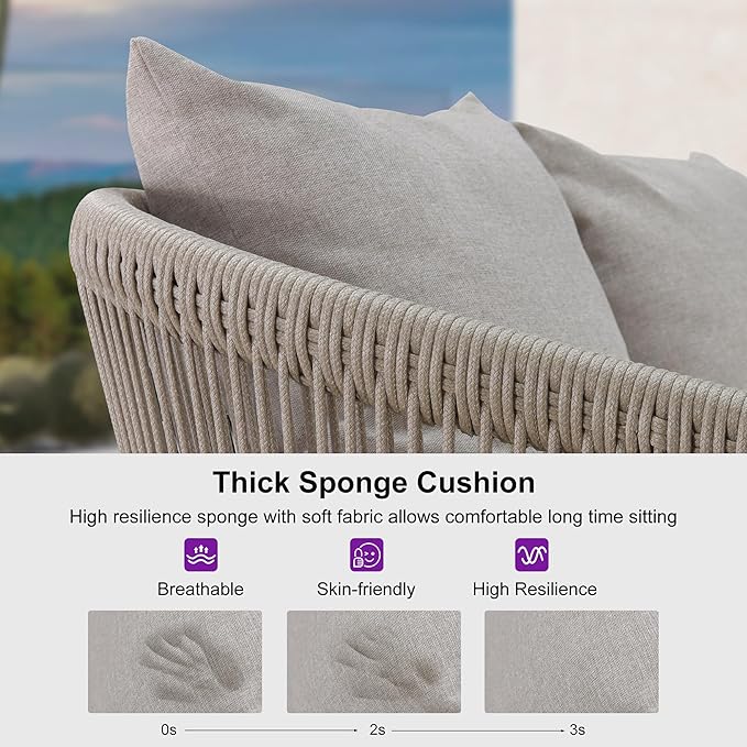 PURPLE LEAF 4 Pieces Patio Conversation Set Outdoor Wicker Furniture with Aluminum Table and Rattan Chairs Sofa Cushions Included for Porch Backyard Garden Balcony Champagne