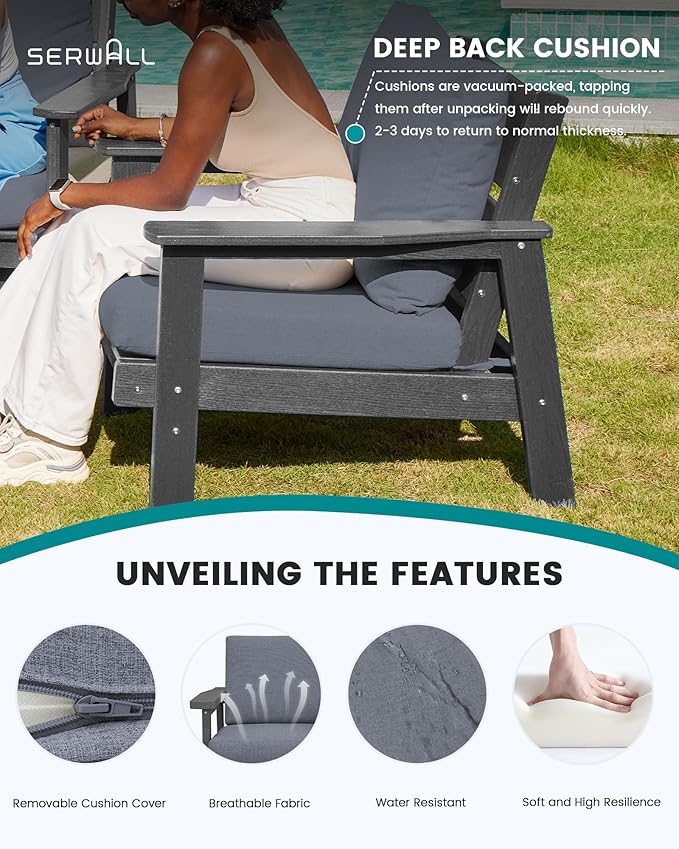 SERWALL HDPE Patio Furniture Set, 5 Piece All Weather Wood-Like Sectional Outdoor Furniture Set, Grey Patio Sofa Couch with Grey Cushions for Deck, Lawn