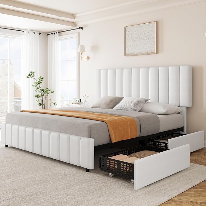 Garvee Queen Size Bed Frame with 4 Storage Drawers, Adjustable Height Headboard, Linen Upholstered Platform Bed Frame, No Box Spring Needed, Easy Assembly, White