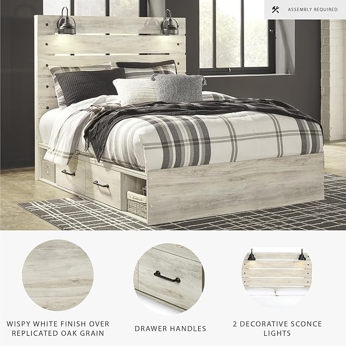 Signature Design by Ashley Cambeck Farmhouse Queen Panel Platform Bed with 2 Storage Drawers, Cubbies, Sconce Lights and USB Ports, Foundation or Box Spring Not Needed, Whitewash