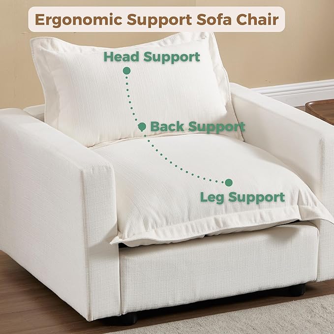 chairus 126" Modular Sectional Sofa with Moveable Ottoman Upholstered Deep Seat Linen Couch Set with Soft Pillows L-Shape Sofa Couch for Living Room, Apartment, Reception Room, 4-Seater/White