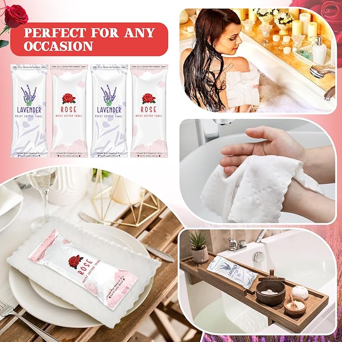 50 Pcs Moist Towelettes Individually Wrapped Scented Disposable Face Towels Essential Oil Infused Moist Terry Cotton Towel for Use Hot or Cold Travel Body Spa (Rose, Lavender)