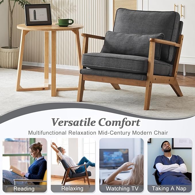 VINGLI Solid Wood Wide Armrests Accent Chair Set of 2,Upholstered Mid Century Modern Chair with Pillow,Farmhouse Arm Chair Comfy Reading Chair,Chairs Living Room,Bedroom,Guest Room,Linen Fabric,Grey