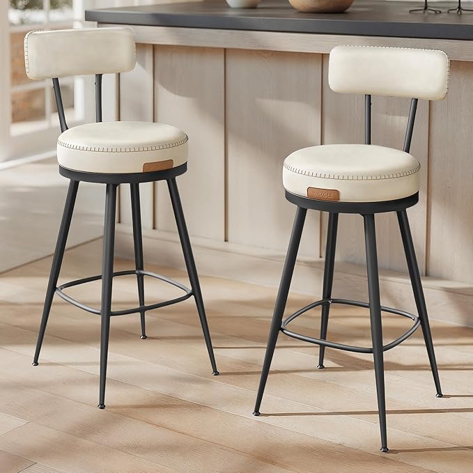 VASAGLE EKHO Collection - Bar Stools Set of 2, Swivel Counter Height Bar Stools with Back, Synthetic Leather with Stitching, Mid-Century Modern, 25.6-Inch Tall Barstools for Kitchen Bar, Cream White