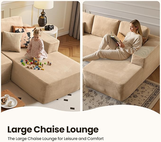 104" Cloud Sectional Couch with Chaise, Boneless L-Shaped Cloud Couch with Deep Seat, Corduroy Modern Minimalist Sofa, Assembly Free Comfy Sofa for Office Living Room Apartment(Camel, Right Chaise)