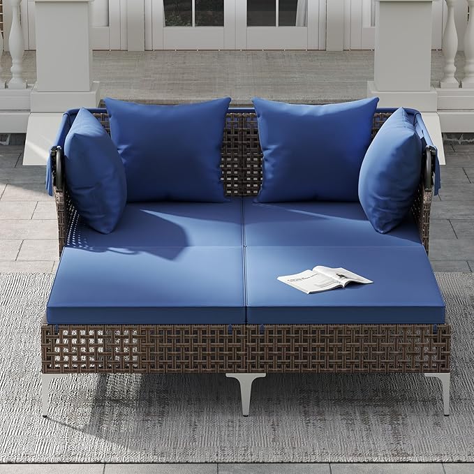 HAPPYGRILL Outdoor Daybed with Retractable Canopy, PE Wicker Rattan Patio Double Chaise Lounger with Cushions, Outside Sunbed Furniture for Garden, Poolside and Backyard (Navy)