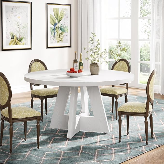 Tribesigns Farmhouse Dining Table, 47 Inch Round Dinner Table for 4, Rustic Round Dining Room Table for Home Dining Room Living Room (White)