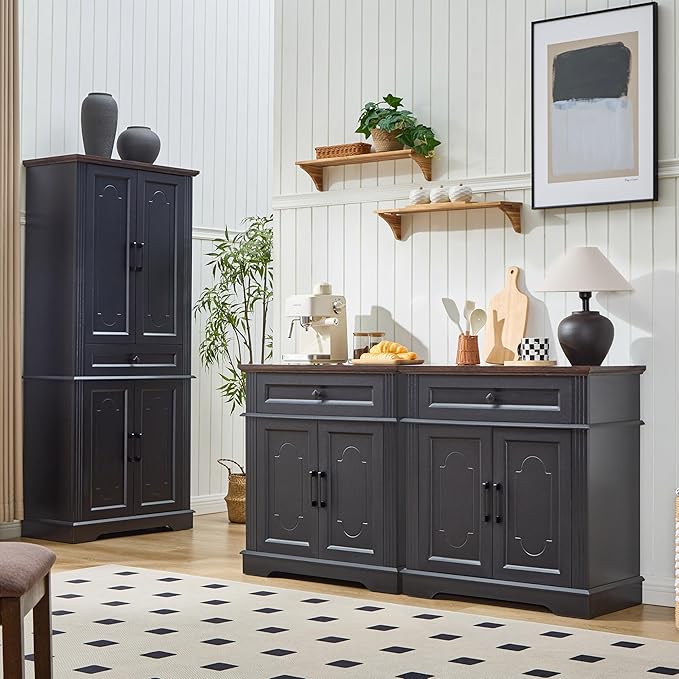 71" Black Tall Pantry Cabinet with Drawer and Adjustable Shelves, Modern Storage Cabinet with Doors, Kitchen Buffet Cabinet, Food Pantry Storage Cabinet, Coffee Bar, Living Room and Dining Room