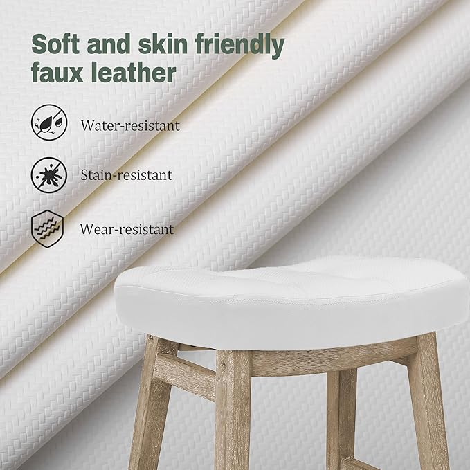 Counter Height White Bar Stools Set of 4 for Kitchen Counter Farmhouse Modern Barstools with Faux Leather Upholstered Backless Seat and Solid Wood Legs 24 inch Bar Chairs, White + Wood Color