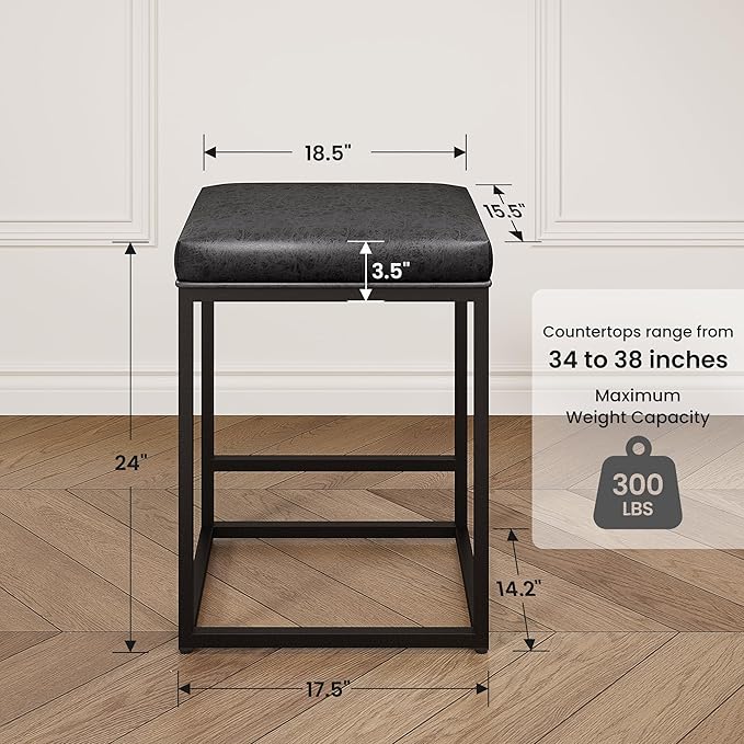 PHI VILLA Black Bar Stools Set of 3, Backless Leather Counter Height Chairs Kitchen Island Stools, 24 inch Barstools