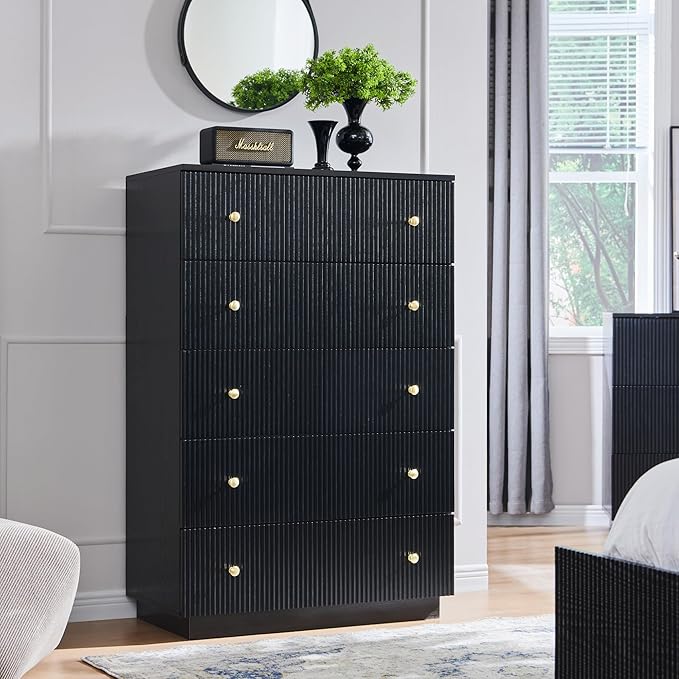 Fluted Dresser for Bedroom, Black 5 Drawer Dressers, Wood Tall Dresser Storage Organizer, Chest of Drawers with Deep Storage, Modern Bedroom Chest for Closet Hallway, Entryway, Living Room
