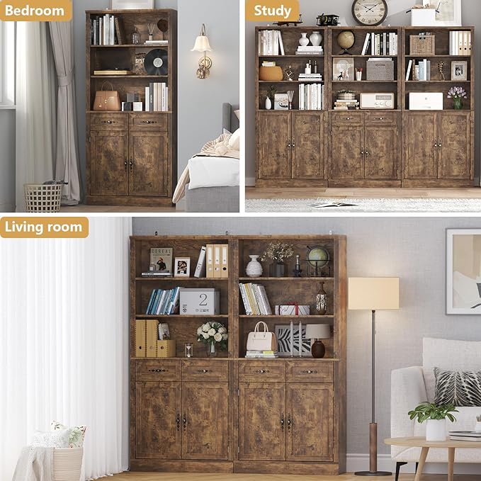 72'' Tall Bookcase with Doors and Drawers, Adjustable Shelves, P2 MDF Construction, 32'' Wide Freestanding Cabinet with Metal Handles, Hidden Storage for Living Room, Bedroom, Brown