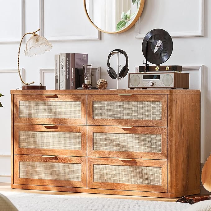 LEYAOYAO Rattan 6 Drawer Dresser for Bedroom, 54" Wide Boho Chest of Drawers, Wooden Dressers TV Stand with Metal Handle, Storage Closet Organizer for Living Room, Hallway, Tea Brown